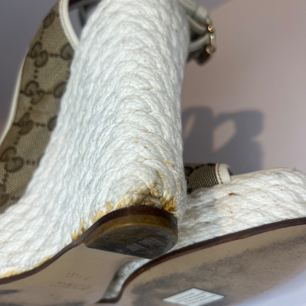 Gucci Beige/White GG Canvas Ankle Strap Wedge Sandals - Picture 12 of 12